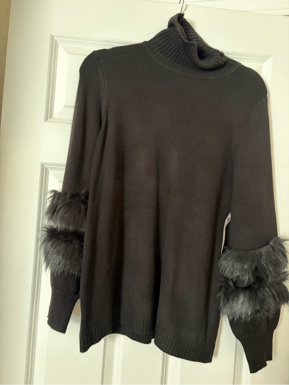 Chico's Black Turtleneck Sweater with Faux Fur Cuff Detail